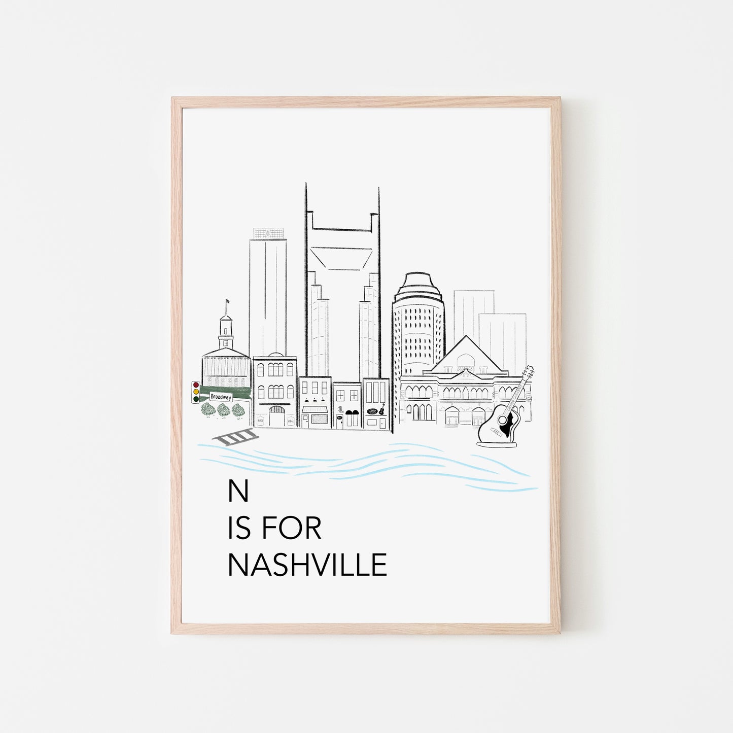 N is for Nashville Art print in black and white colors for baby nursery room, kids bedroom or childs playroom