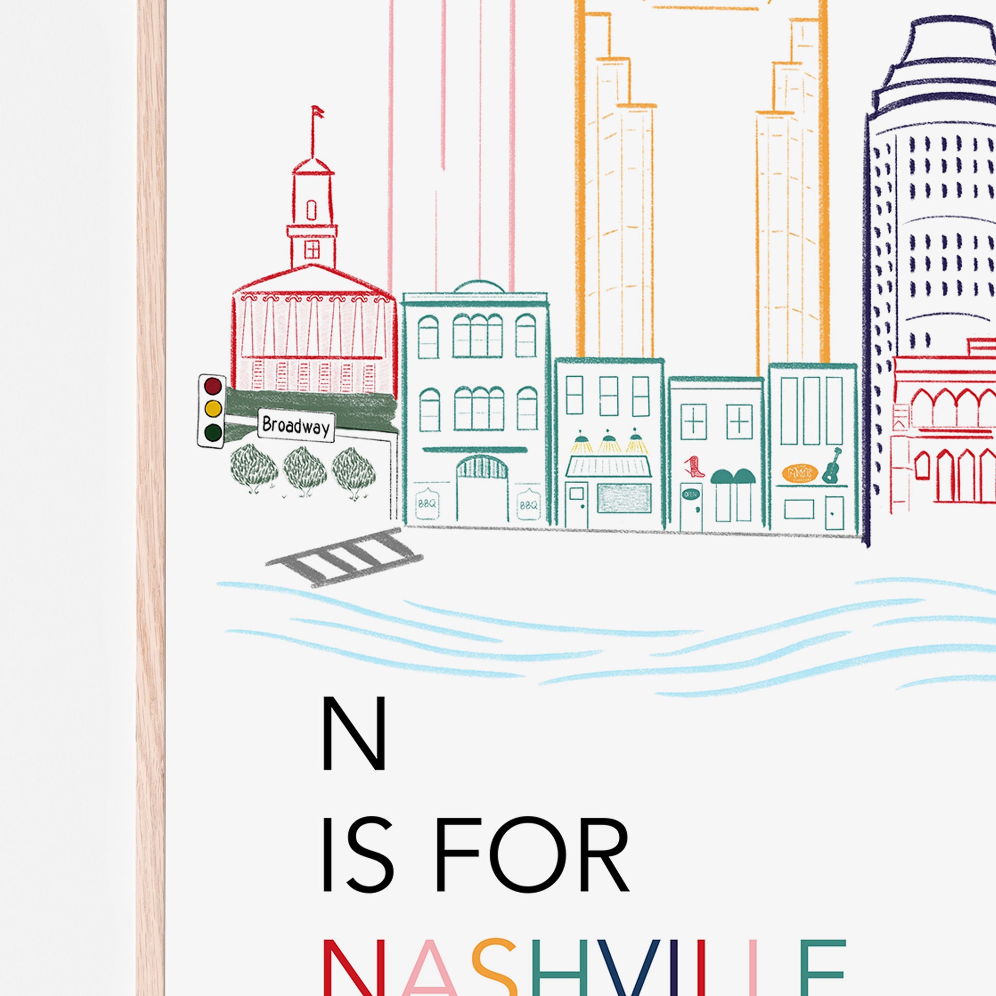 N is for Nashville Art print in rainbow pride colors for baby nursery room, kids bedroom or childs playroom